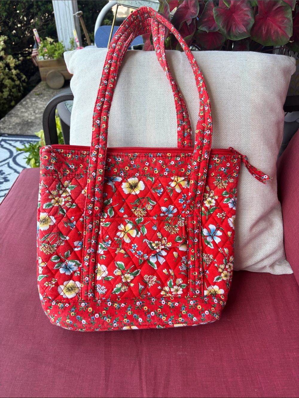 Red Quilted Floral Tote Bag - Jenny Buchannen. Fair condition